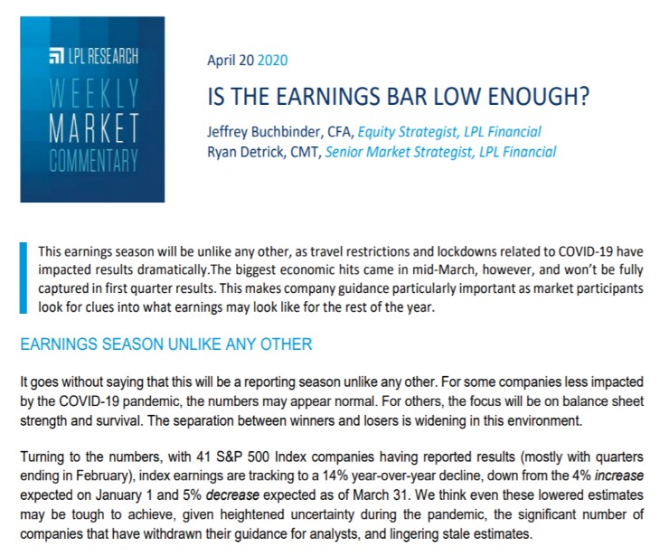 Is the Earnings Bar Low Enough?| Weekly Market Commentary | April 20, 2020